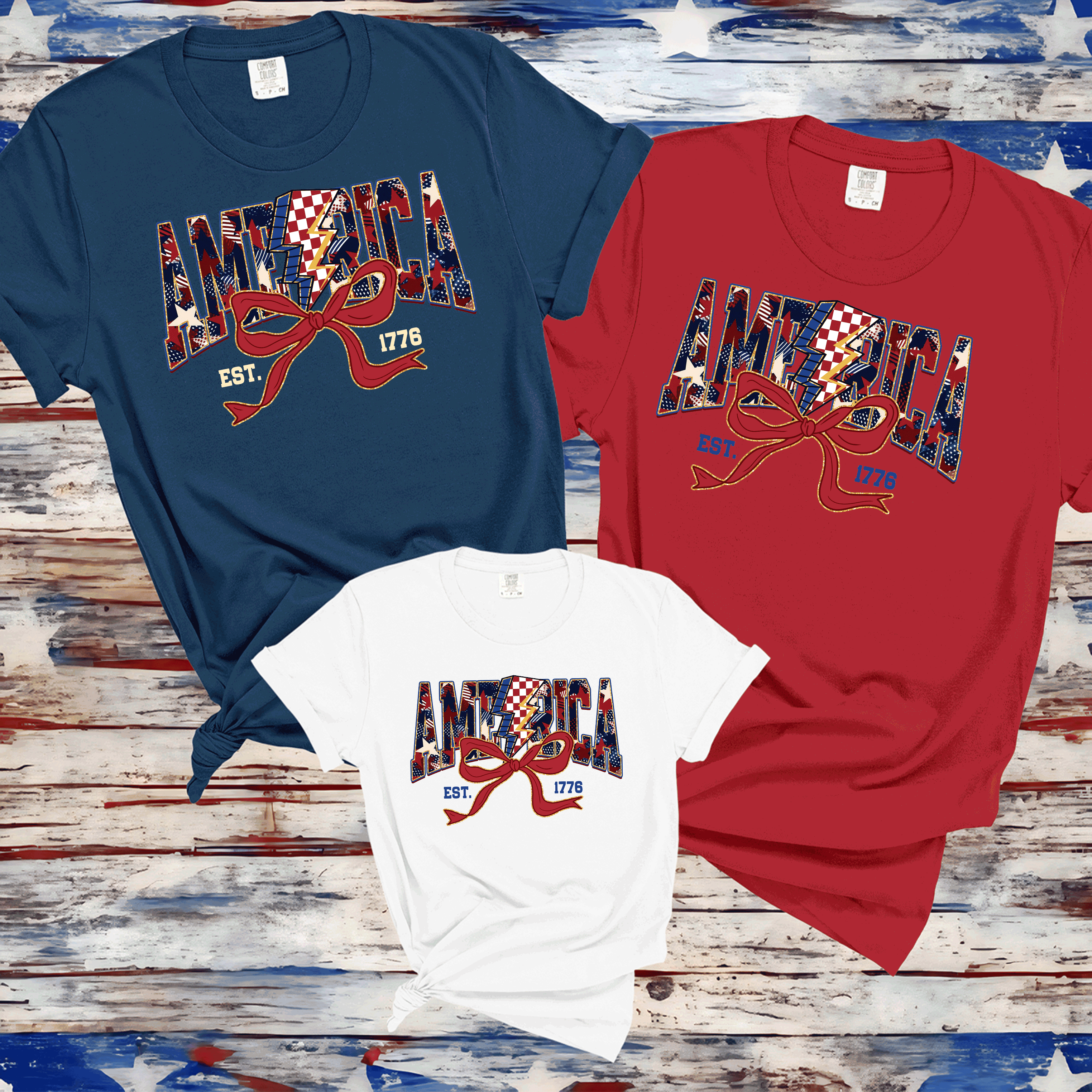 America Est 1776, Checkered Lightning Bolt, 4th of july Coquette Bow Land of the free , Fourth of july independence Day, USA Flag, American Girl Shirt