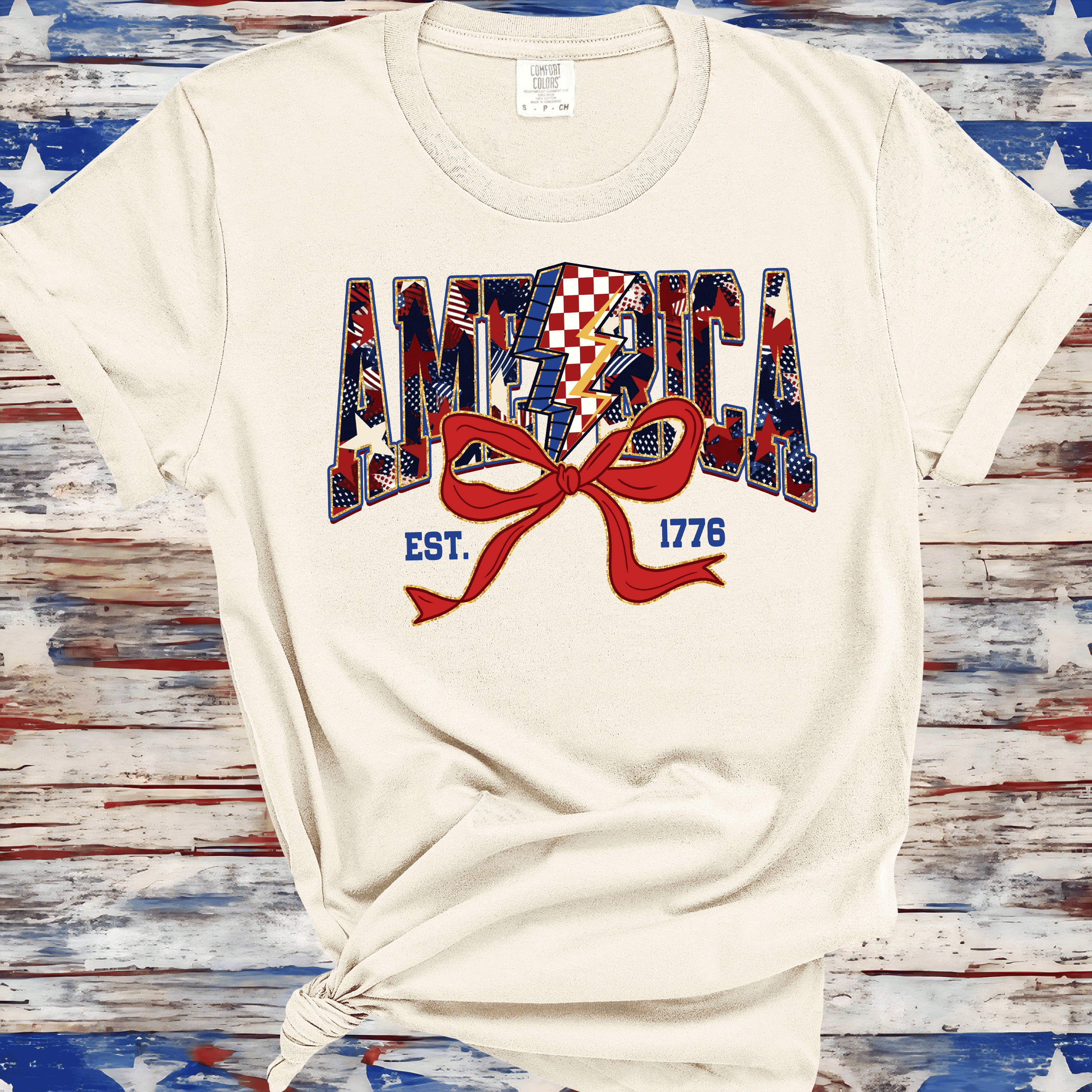 America Est 1776, Checkered Lightning Bolt, 4th of july Coquette Bow Land of the free , Fourth of july independence Day, USA Flag, American Girl Shirt