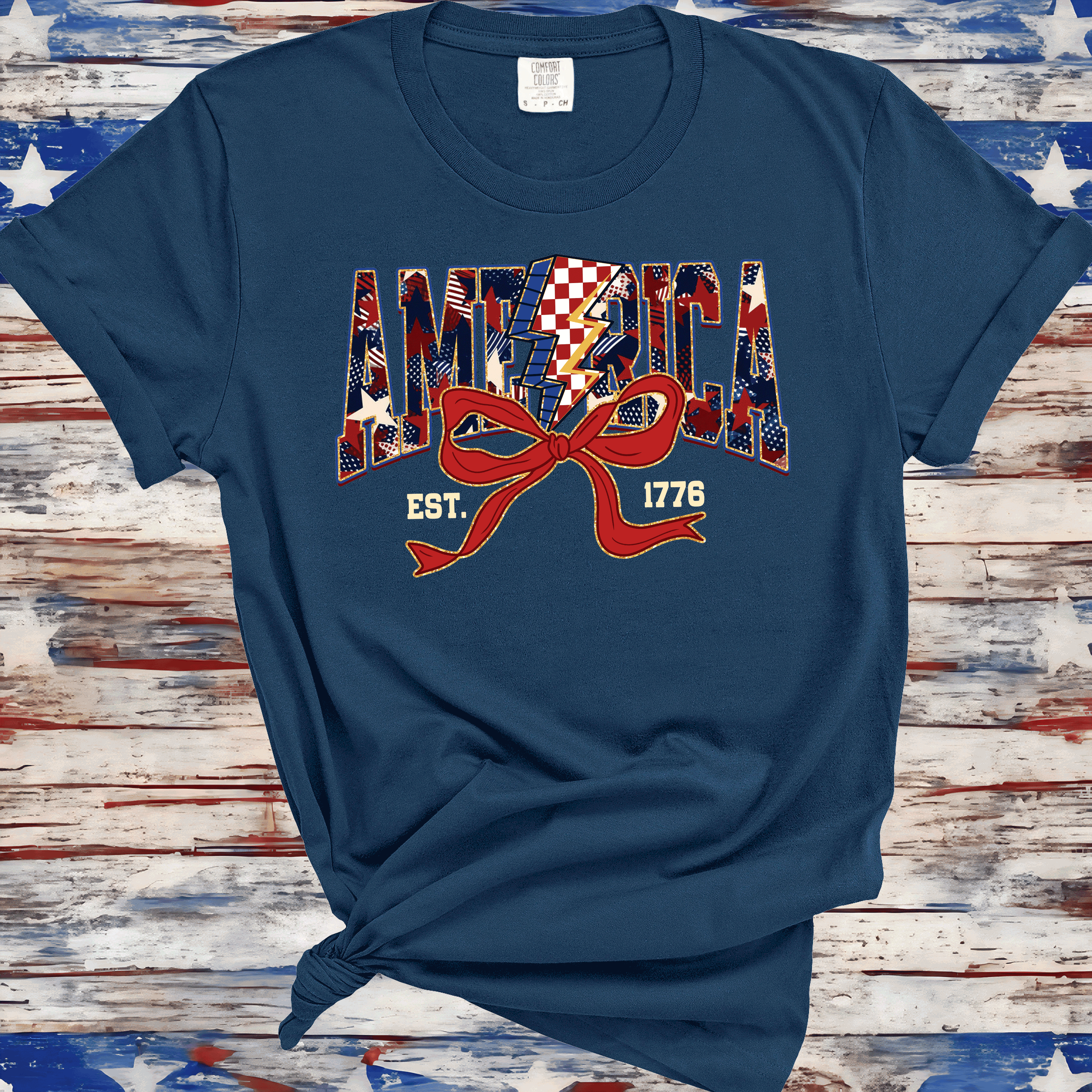 America Est 1776, Checkered Lightning Bolt, 4th of july Coquette Bow Land of the free , Fourth of july independence Day, USA Flag, American Girl Shirt