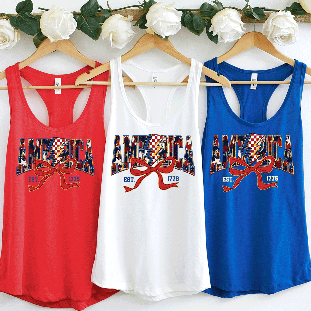 America Est 1776, Checkered Lightning Bolt, 4th of july Coquette Bow Land of the free , Fourth of july independence Day, USA Flag, American Girl Shirt