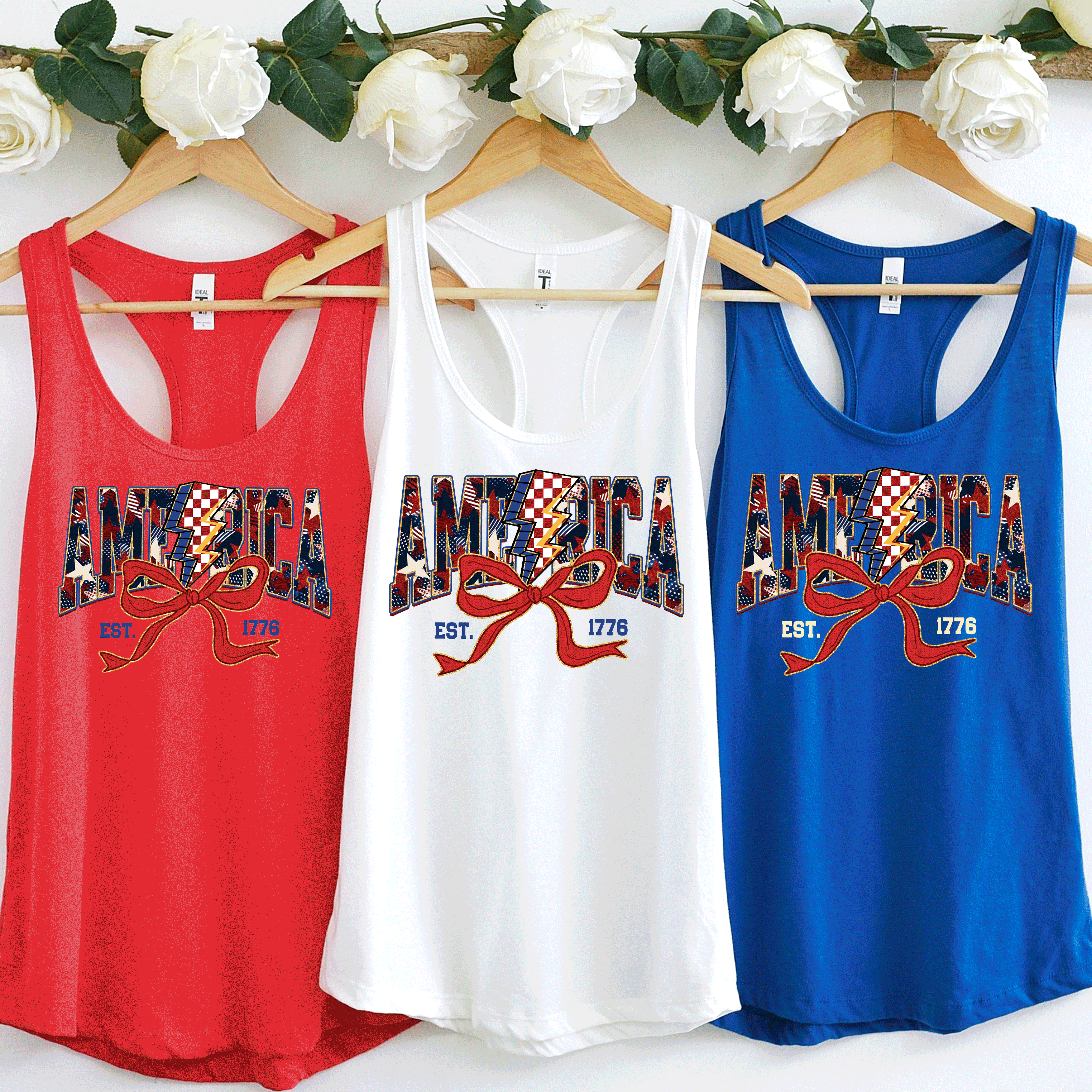 America Est 1776, Checkered Lightning Bolt, 4th of july Coquette Bow Land of the free , Fourth of july independence Day, USA Flag, American Girl Shirt