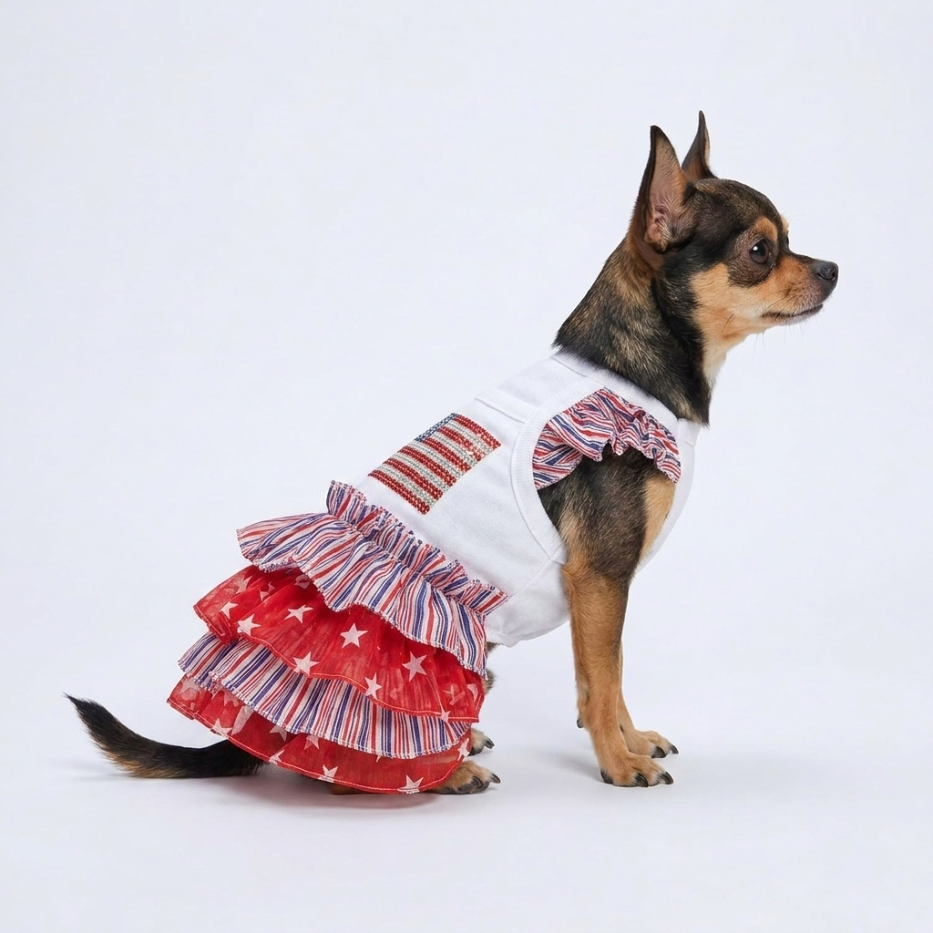 Patriotic Dog Dress USA Flag Ruffle Dress – Red White Blue Puppy Outfit for 4th of July
