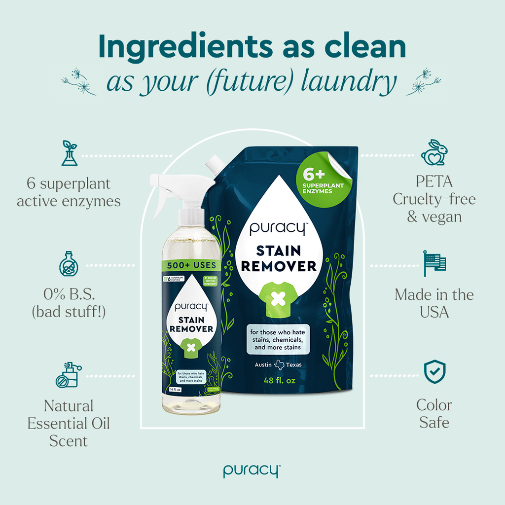 Puracy Professional Laundry Stain Remover Spray - 6 Enzymes - Unscented